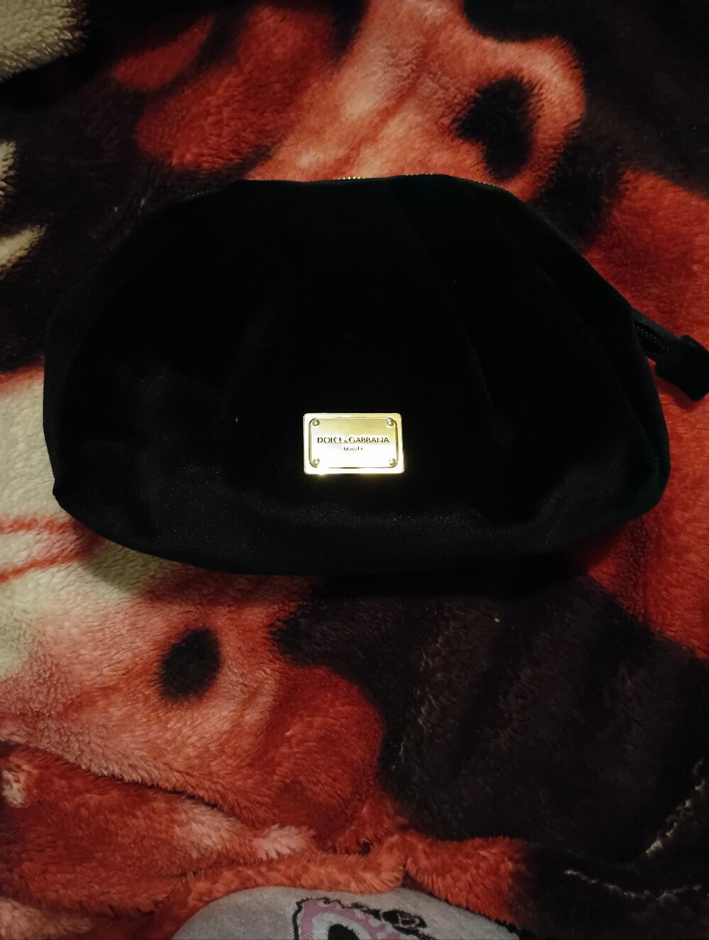 Dolce & Gabbana Black Velvet Makeup Pouch with Gold Plaque